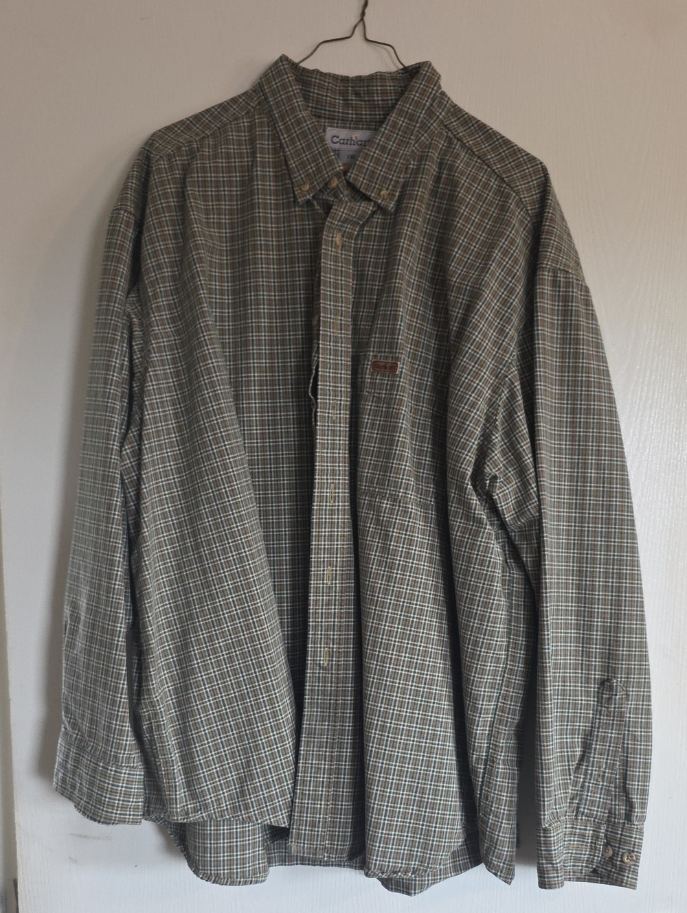 Carhartt Men's Olive and Tan Plaid Button-Down Shirt